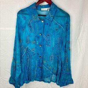 Silk Sheer Blouse 2X Cerulean Blue Beaded Embroidery Grandmacore Boho Vtg